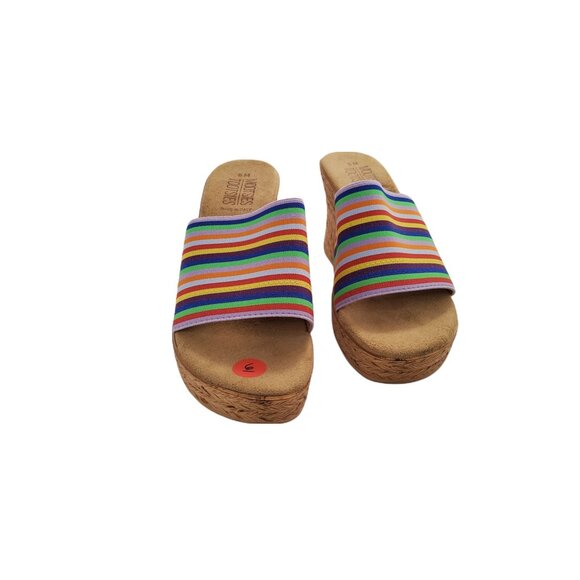 mootsie tootsie 3.25" wedge heel elastic band multicolor strips slide on sandals - Picture 3 of 5